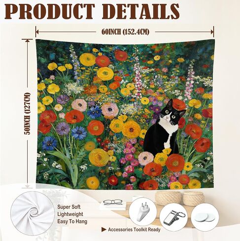 gsgfdshf Gustav Klimt Inspired Tuxedo Cat Wall Tapestry, Cat Room Decor, Colorful Floral Black and White Kitty Tapestry Wall Hanging for Bedroom Living Room Home Decor, 50x60 Inch in Kuwait