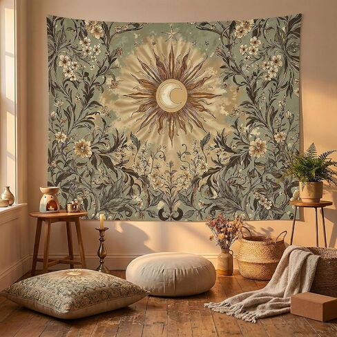 Spenlife Vintage Sun and Moon Tapestry, Retro Sage Green Floral Wall Decor, Mystical Celestial Wall Hanging for Living Room (60" x 44") in Saudi Arabia