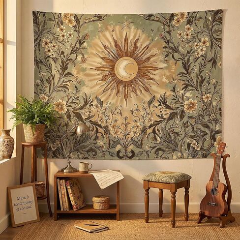Spenlife Vintage Sun and Moon Tapestry, Retro Sage Green Floral Wall Decor, Mystical Celestial Wall Hanging for Living Room (60" x 44") in Saudi Arabia