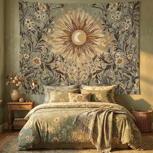 Spenlife Vintage Sun and Moon Tapestry, Retro Sage Green Floral Wall Decor, Mystical Celestial Wall Hanging for Living Room (60" x 44") in Saudi Arabia