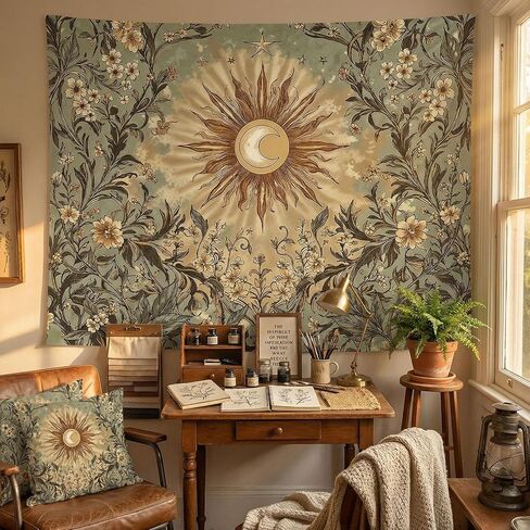Spenlife Vintage Sun and Moon Tapestry, Retro Sage Green Floral Wall Decor, Mystical Celestial Wall Hanging for Living Room (60" x 44") in Saudi Arabia