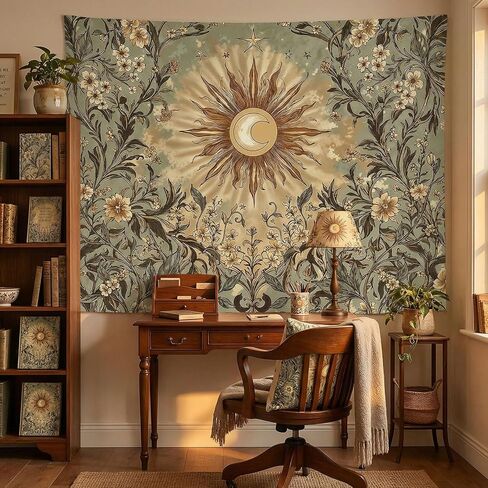 Spenlife Vintage Sun and Moon Tapestry, Retro Sage Green Floral Wall Decor, Mystical Celestial Wall Hanging for Living Room (60" x 44") in Saudi Arabia