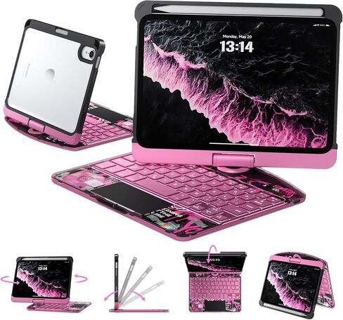 Touch Case مع لوحة المفاتيح لـ iPad 9th 10.2 ICH (7 ، 8 ، و 9 Gen) ، لوحة مفاتيح خلفية من 7 ألوان شفافة ، لوحة تتبع ، 360 درجة تتبع لوحة التتبع متعددة اللمسات الشفافة البيضاء in Kuwait