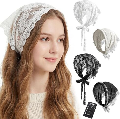 obeoby 4 Pack Lace Bandanas Head Scarf for Women, White Hair Scarf Bandana for Wedding Bridal Headband Kerchief Spring Summer Hair Accessories in Saudi Arabia