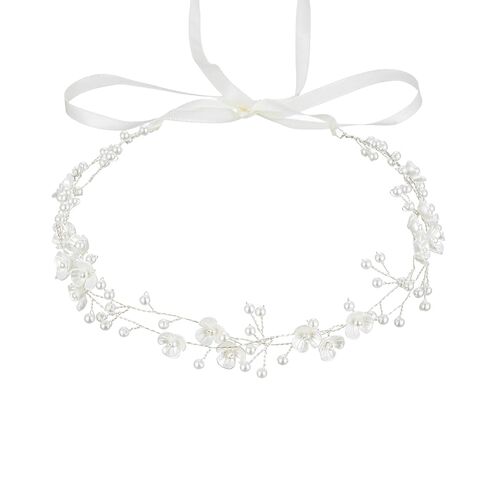 527&huan White Flowers Pearls Bridal Headband, Handmade Silver Wire Woven Wedding Hair Vine with Satin Ribbon, Lightweight Wedding Hair Accessory for Bride Flower Girl Bridesmaid Prom Pageant in Kuwait