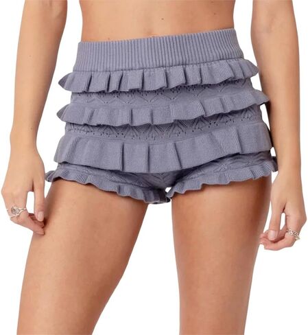 SOLILOQUY Women's Knit Shorts High Waist Layered Ruffle Bodycon Shorts Crotchet Hollow Out Beach Shorts in Kuwait