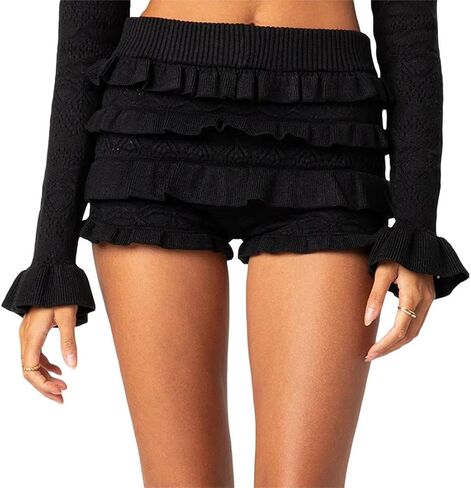 SOLILOQUY Women's Knit Shorts High Waist Layered Ruffle Bodycon Shorts Crotchet Hollow Out Beach Shorts in Kuwait