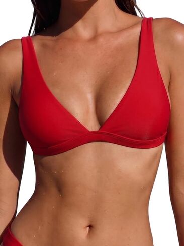 Womens V Neck Triangle Bikini Top Cheeky Bathing Suit Adjustable Back Self Tie Spaghetti Straps Swimsuit Top in Saudi Arabia