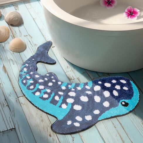 Percozzi Whale Shark Bathroom Rug 35"*28", Handmade Funny Tufted Ocean Animal Bath Mat with Non-Slip TPR Backing Beach Soft Plush Absorbent Blue Whale Shark Bath for Coastal & Marine Lovers in Saudi Arabia