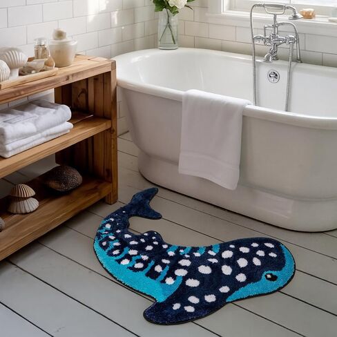 Percozzi Whale Shark Bathroom Rug 35"*28", Handmade Funny Tufted Ocean Animal Bath Mat with Non-Slip TPR Backing Beach Soft Plush Absorbent Blue Whale Shark Bath for Coastal & Marine Lovers in Saudi Arabia