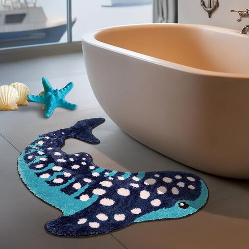 Percozzi Whale Shark Bathroom Rug 35"*28", Handmade Funny Tufted Ocean Animal Bath Mat with Non-Slip TPR Backing Beach Soft Plush Absorbent Blue Whale Shark Bath for Coastal & Marine Lovers in Saudi Arabia
