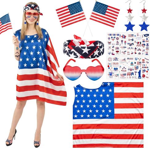 4th of July Outfits Costume for Women - Patriotic Costume Accessories with American Flag Dress Red White Blue Earrings Sunglasses Hairband American Flags Sticker Independence Day Parade Supplies Favor in Saudi Arabia
