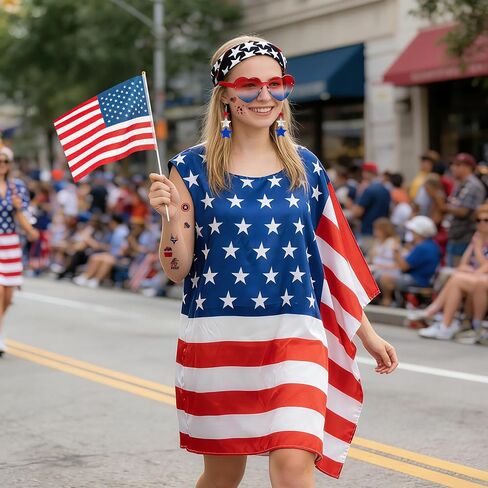4th of July Outfits Costume for Women - Patriotic Costume Accessories with American Flag Dress Red White Blue Earrings Sunglasses Hairband American Flags Sticker Independence Day Parade Supplies Favor in Saudi Arabia