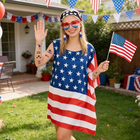 4th of July Outfits Costume for Women - Patriotic Costume Accessories with American Flag Dress Red White Blue Earrings Sunglasses Hairband American Flags Sticker Independence Day Parade Supplies Favor in Saudi Arabia