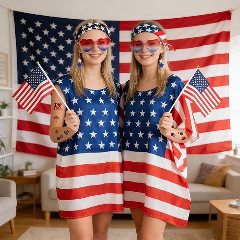 4th of July Outfits Costume for Women - Patriotic Costume Accessories with American Flag Dress Red White Blue Earrings Sunglasses Hairband American Flags Sticker Independence Day Parade Supplies Favor in Saudi Arabia