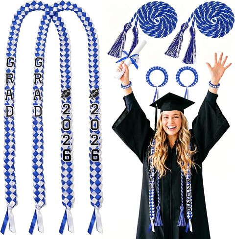2 Set Graduation Lei Class of 2026 Graduation Ribbon Lei Graduation Necklace with Honor Cord and Bracelet for High School College Graduation DIY Decors Party Supplies Clothing Accessories (Blue White) in Saudi Arabia