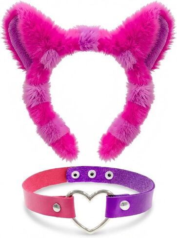 Hikkcos Pink Purple Striped Cat Costume Accessories Set for Adults - Furry Cat Ears Headband & Collar, Halloween Cosplay Fancy Dress Party Costume Kit in Kuwait