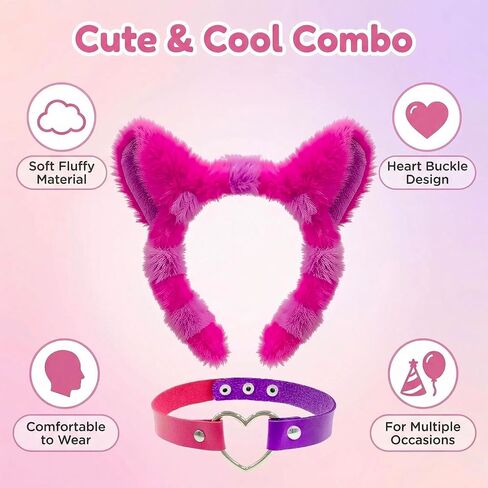 Hikkcos Pink Purple Striped Cat Costume Accessories Set for Adults - Furry Cat Ears Headband & Collar, Halloween Cosplay Fancy Dress Party Costume Kit in Kuwait