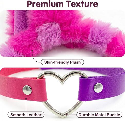 Hikkcos Pink Purple Striped Cat Costume Accessories Set for Adults - Furry Cat Ears Headband & Collar, Halloween Cosplay Fancy Dress Party Costume Kit in Kuwait