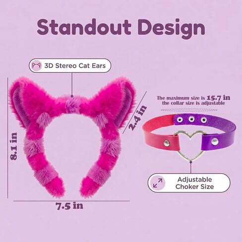 Hikkcos Pink Purple Striped Cat Costume Accessories Set for Adults - Furry Cat Ears Headband & Collar, Halloween Cosplay Fancy Dress Party Costume Kit in Kuwait