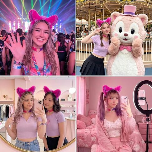 Hikkcos Pink Purple Striped Cat Costume Accessories Set for Adults - Furry Cat Ears Headband & Collar, Halloween Cosplay Fancy Dress Party Costume Kit in Kuwait