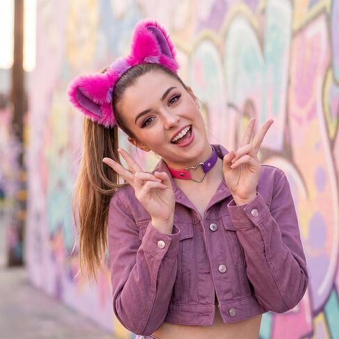 Hikkcos Pink Purple Striped Cat Costume Accessories Set for Adults - Furry Cat Ears Headband & Collar, Halloween Cosplay Fancy Dress Party Costume Kit in Kuwait