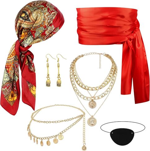 Pirate Costume Accessories Women Red Patterned Headscarf Waist Scarf Necklace Skull Earrings Waist Chain Eye Mask in Saudi Arabia