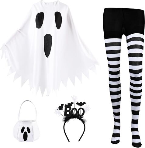 4Pcs Ghost Costume Adult,Women Halloween Poncho Set with Headband,Candy Bag,Striped Tights for Cosplay Party in Saudi Arabia