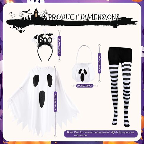 4Pcs Ghost Costume Adult,Women Halloween Poncho Set with Headband,Candy Bag,Striped Tights for Cosplay Party in Saudi Arabia