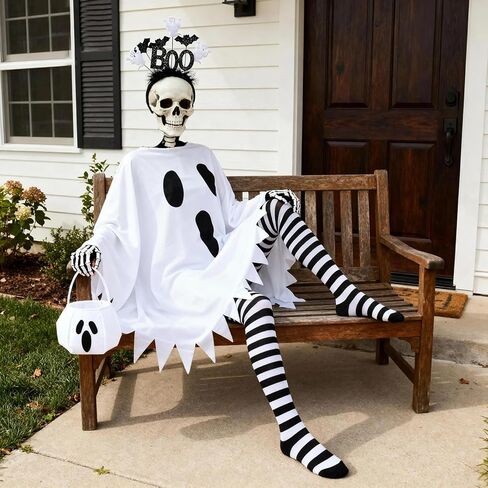 4Pcs Ghost Costume Adult,Women Halloween Poncho Set with Headband,Candy Bag,Striped Tights for Cosplay Party in Saudi Arabia