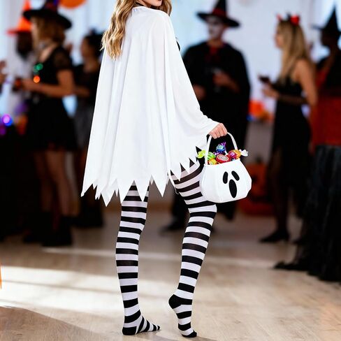 4Pcs Ghost Costume Adult,Women Halloween Poncho Set with Headband,Candy Bag,Striped Tights for Cosplay Party in Saudi Arabia