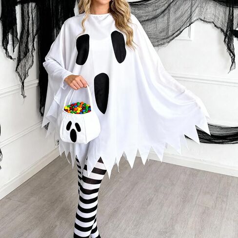 4Pcs Ghost Costume Adult,Women Halloween Poncho Set with Headband,Candy Bag,Striped Tights for Cosplay Party in Saudi Arabia