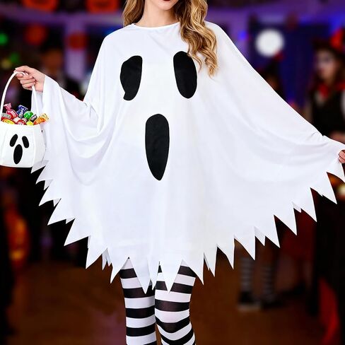 4Pcs Ghost Costume Adult,Women Halloween Poncho Set with Headband,Candy Bag,Striped Tights for Cosplay Party in Saudi Arabia