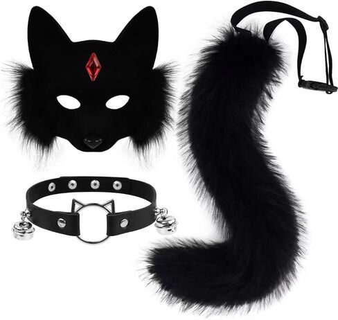 SMILETERNITY Furry Faux Fur Animal Cat Mask Wolf Tail and Leather Necklace Set for Halloween Christmas Costume Accessory in Saudi Arabia