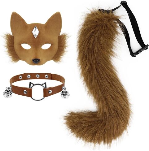SMILETERNITY Furry Faux Fur Animal Cat Mask Wolf Tail and Leather Necklace Set for Halloween Christmas Costume Accessory in Saudi Arabia