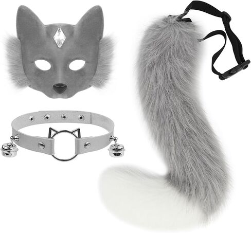 SMILETERNITY Furry Faux Fur Animal Cat Mask Wolf Tail and Leather Necklace Set for Halloween Christmas Costume Accessory in Saudi Arabia