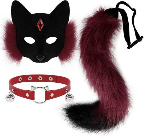 SMILETERNITY Furry Faux Fur Animal Cat Mask Wolf Tail and Leather Necklace Set for Halloween Christmas Costume Accessory in Saudi Arabia