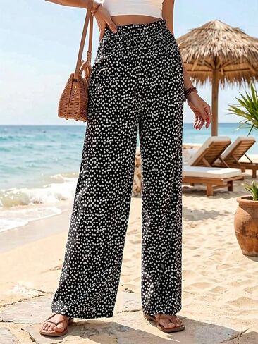 Women's High Waisted Wide Leg Pants Floral Print Elastic Waist Loose Fit Casual Long Trousers for Daily Work Vacation in Kuwait