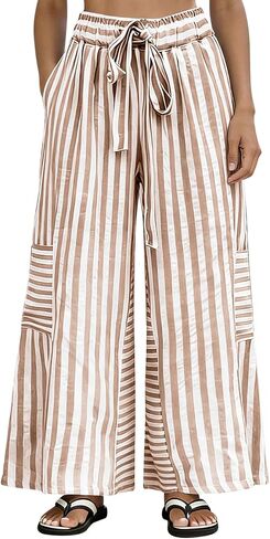 Womens Striped Pants Cotton Linen Elastic Waist Lightweight Palazzo Pants Casual Lounge Wide Leg Trousers Summer Outfits in Kuwait