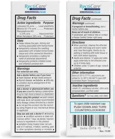 RectiCare Advanced Hemorrhoidal Cream: Advanced Treatment to Shrink & Soothe Hemorrhoids - Itch & Burn Relief - 15g Hemorrhoidal Cream with Lidocaine in Saudi Arabia