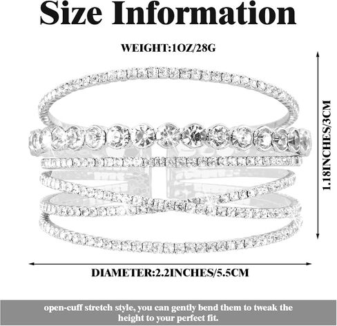 Rbenxia Silvery Bracelets for Women Layered Rhinestone Cuff Bracelet Stretch Sparkly Crystal Fake Jewelry for Wedding Party Costume in Kuwait