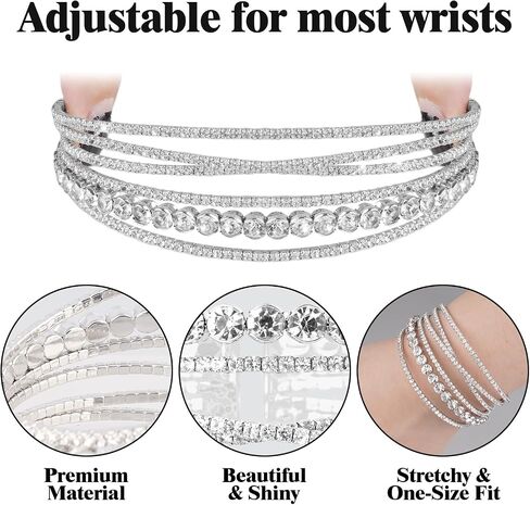 Rbenxia Silvery Bracelets for Women Layered Rhinestone Cuff Bracelet Stretch Sparkly Crystal Fake Jewelry for Wedding Party Costume in Kuwait