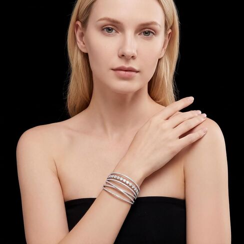 Rbenxia Silvery Bracelets for Women Layered Rhinestone Cuff Bracelet Stretch Sparkly Crystal Fake Jewelry for Wedding Party Costume in Kuwait