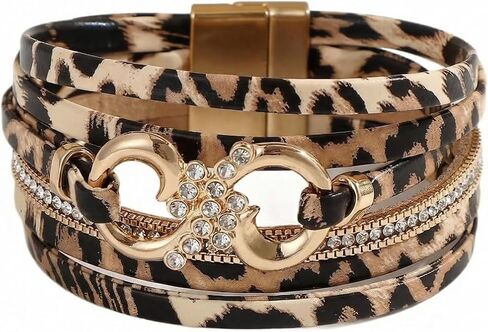 Leopard Bracelet for Women, Boho Leopard Print Wrap Bracelet with Rhinestone Gold Buckle, Magnetic Clasp Layered Leather Cuff Bracelet, Cheetah Print Jewelry Fashion Accessories Gift for Women in Kuwait