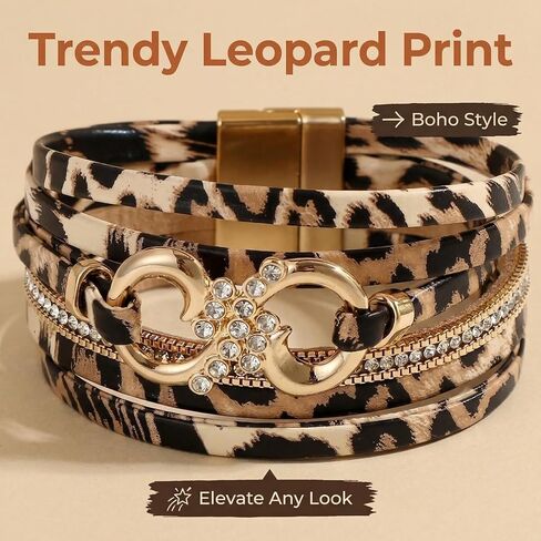 Leopard Bracelet for Women, Boho Leopard Print Wrap Bracelet with Rhinestone Gold Buckle, Magnetic Clasp Layered Leather Cuff Bracelet, Cheetah Print Jewelry Fashion Accessories Gift for Women in Kuwait