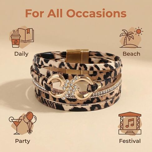 Leopard Bracelet for Women, Boho Leopard Print Wrap Bracelet with Rhinestone Gold Buckle, Magnetic Clasp Layered Leather Cuff Bracelet, Cheetah Print Jewelry Fashion Accessories Gift for Women in Kuwait