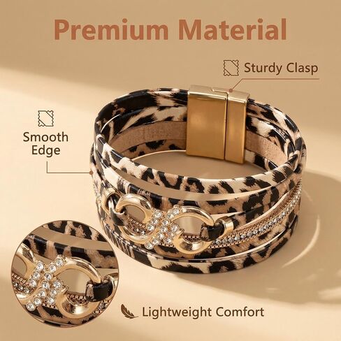 Leopard Bracelet for Women, Boho Leopard Print Wrap Bracelet with Rhinestone Gold Buckle, Magnetic Clasp Layered Leather Cuff Bracelet, Cheetah Print Jewelry Fashion Accessories Gift for Women in Kuwait