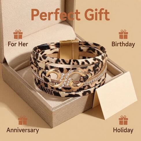 Leopard Bracelet for Women, Boho Leopard Print Wrap Bracelet with Rhinestone Gold Buckle, Magnetic Clasp Layered Leather Cuff Bracelet, Cheetah Print Jewelry Fashion Accessories Gift for Women in Kuwait
