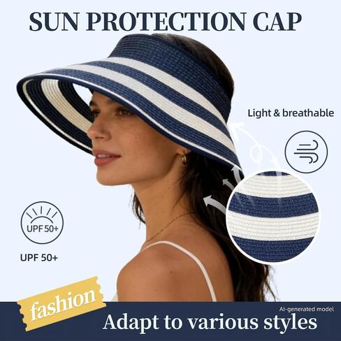 Sun Hat Visor for Women, UV UPF Wide Brim Woven Beach Hat, Foldable Ponytail Summer Hat, Packable Travel in Kuwait