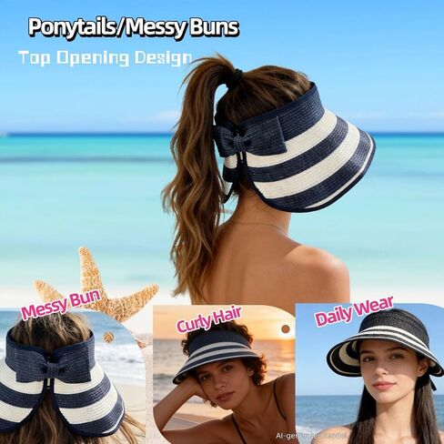 Sun Hat Visor for Women, UV UPF Wide Brim Woven Beach Hat, Foldable Ponytail Summer Hat, Packable Travel in Kuwait